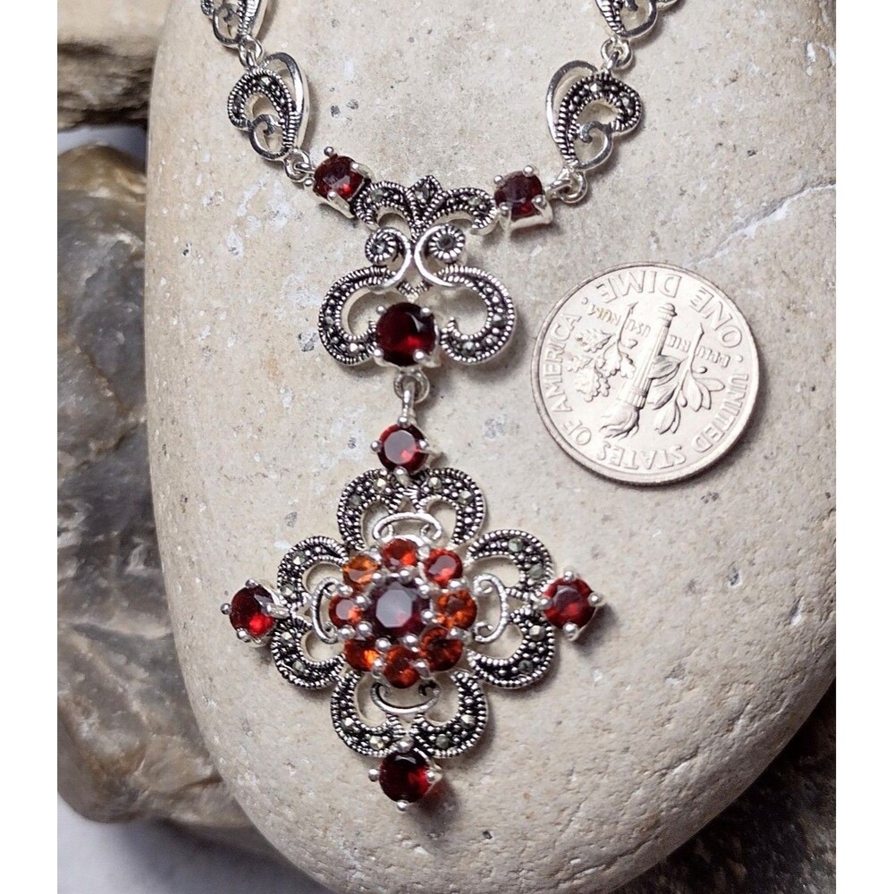Ornate Garnet CZ Marcasite Silver Filigree Pendant Necklace Signed - Picture 4 of 12